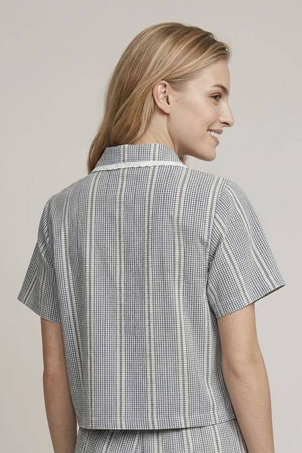 Jacquard Gingham Button Front Boxy Shirt in Navy