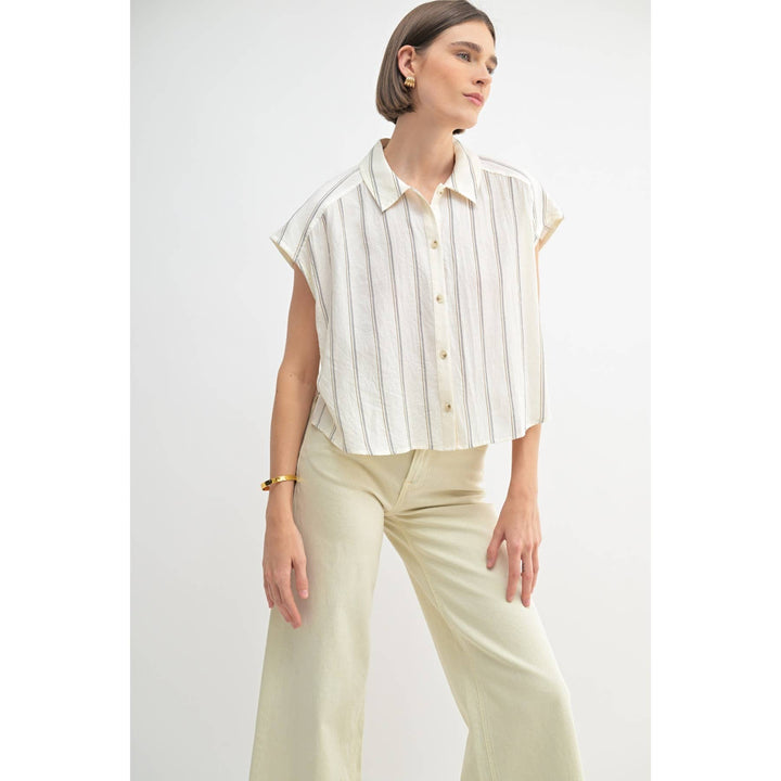 Dolman Sleeve Button Down Shirt in White Stripe