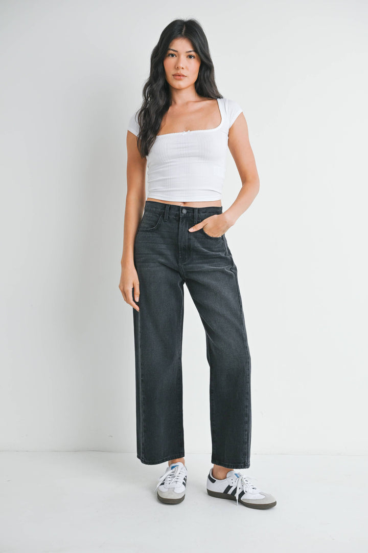 High Rise Twist Seam Barrel Jean in Washed Black, 27” Inseam