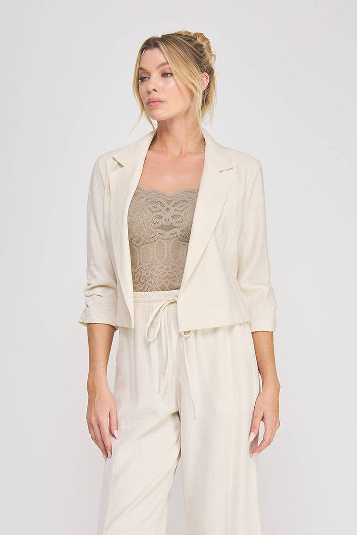 Linen Blend Cropped Cinched Sleeve Open Blazer