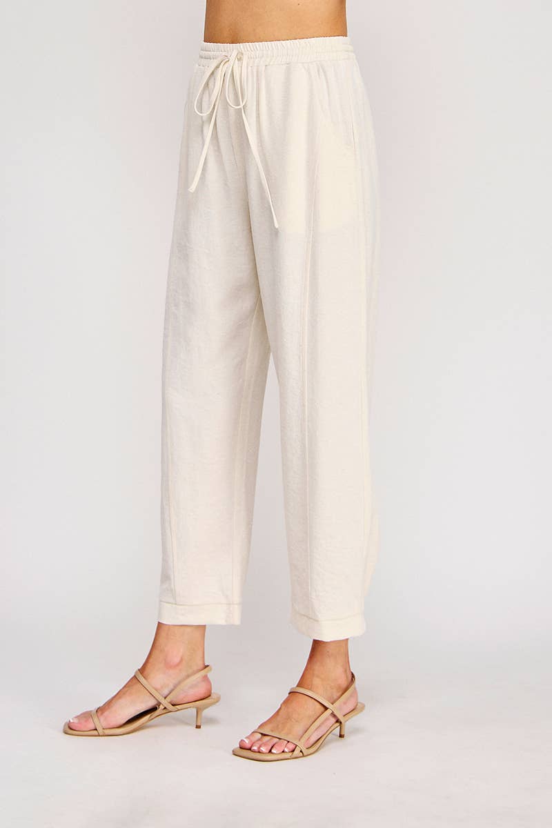 Linen Blend Elastic Tie Relaxed Tapered Pant