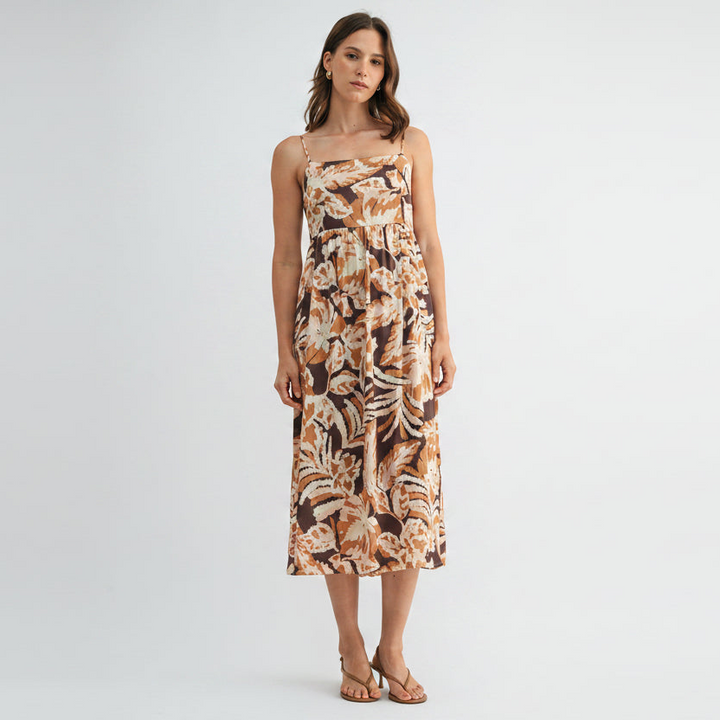 Leaf Print Smocked Back Dress in Brown Multi Color