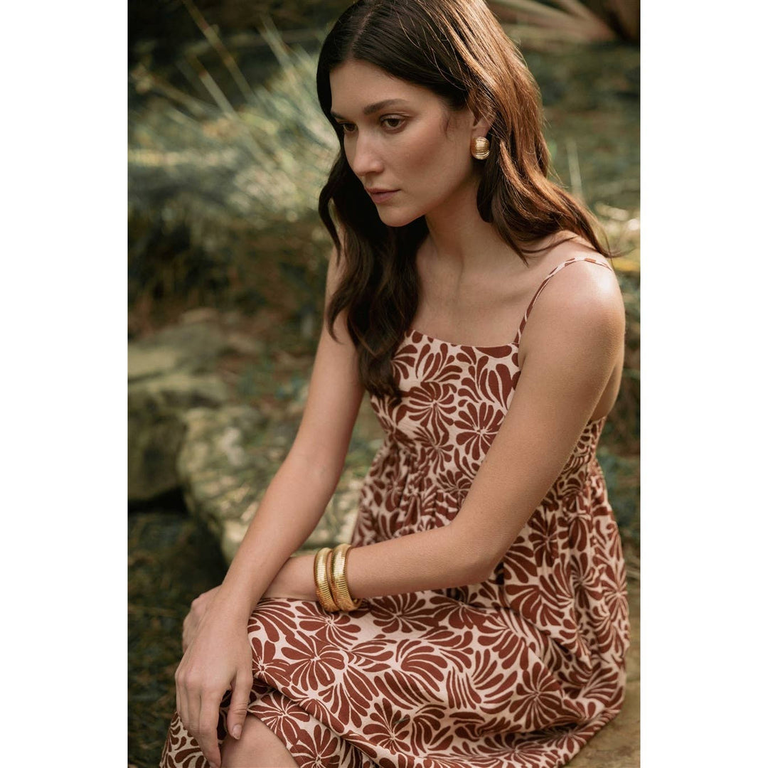 Flower Print Smocked Back Midi Dress in Orange