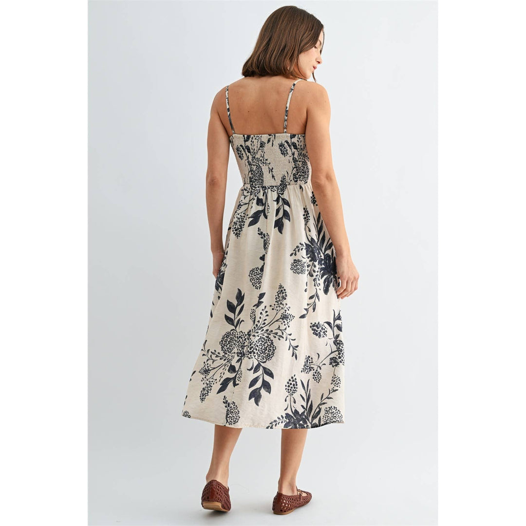 Smocked Floral Midi Dress in Navy &amp; White