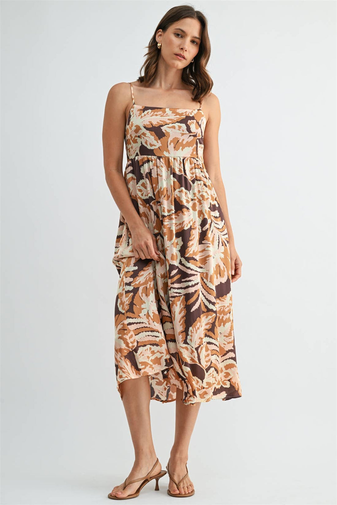 Leaf Print Smocked Back Dress in Brown Multi Color