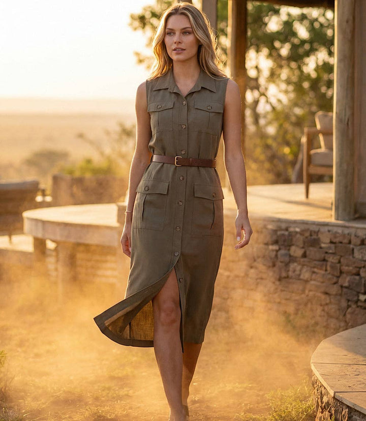 Sleeveless Midi Shirtdress in Olive