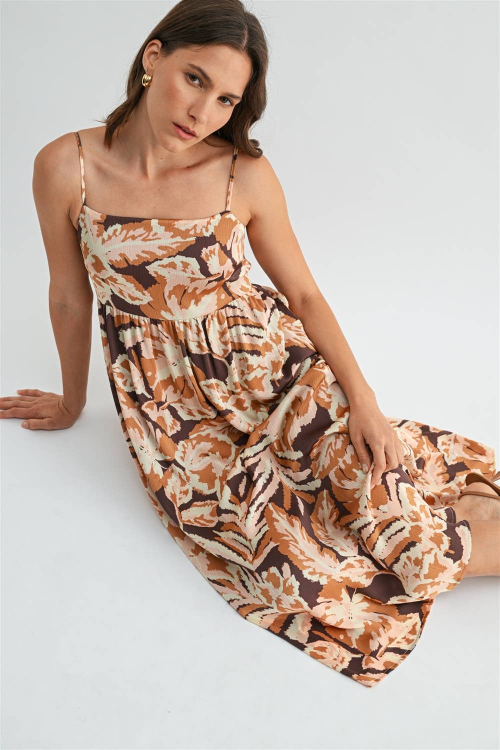 Leaf Print Smocked Back Dress in Brown Multi Color