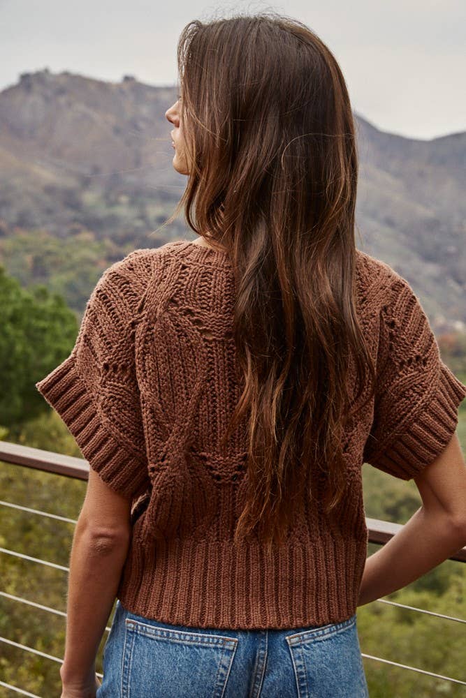 W1124 | Knit Sweater Crochet Round Neck Short Sleeve Top