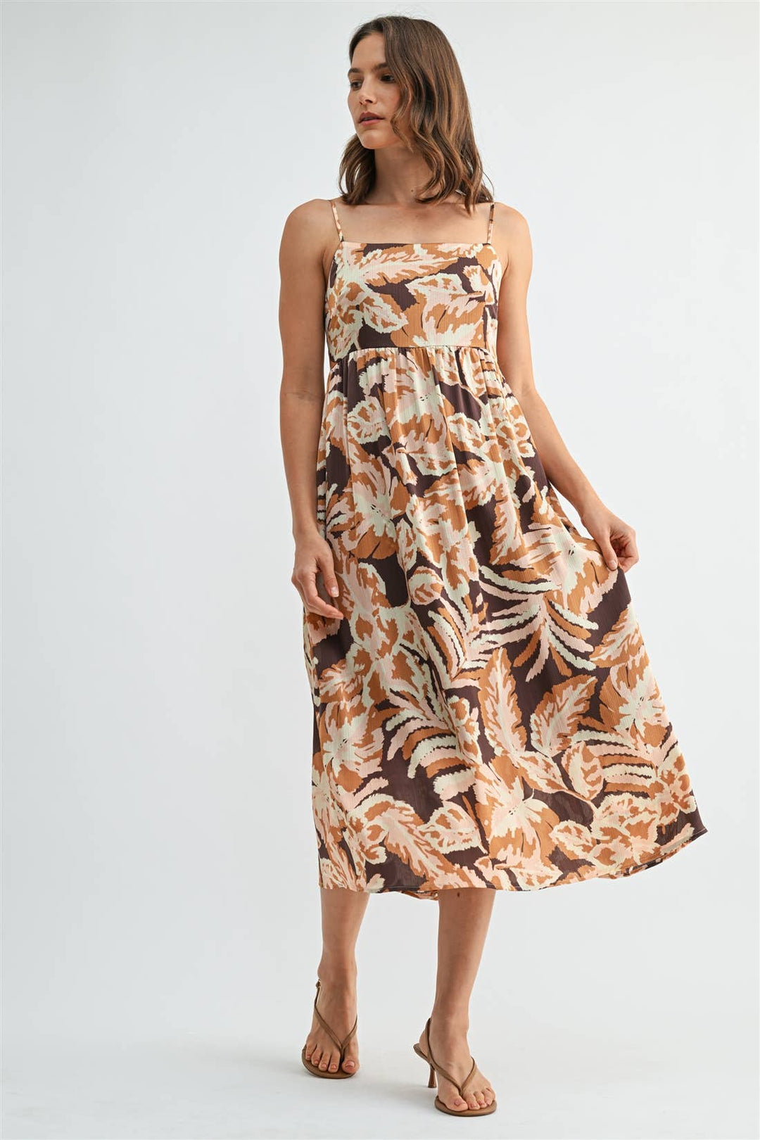 Leaf Print Smocked Back Dress in Brown Multi Color