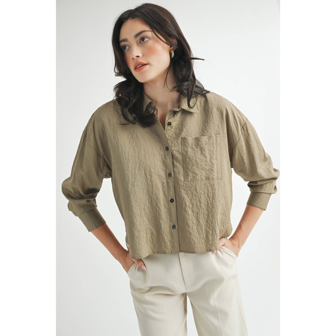 Striped Cropped Button Down Shirt in Olive Green