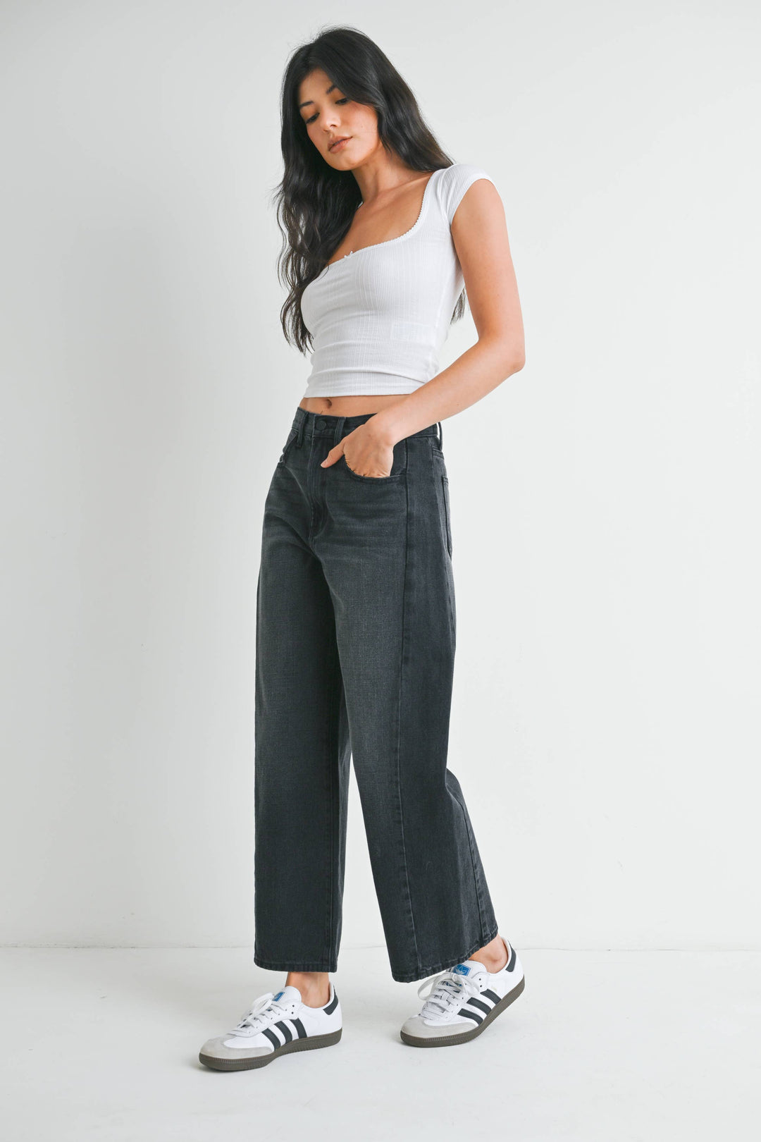 High Rise Twist Seam Barrel Jean in Washed Black, 27” Inseam