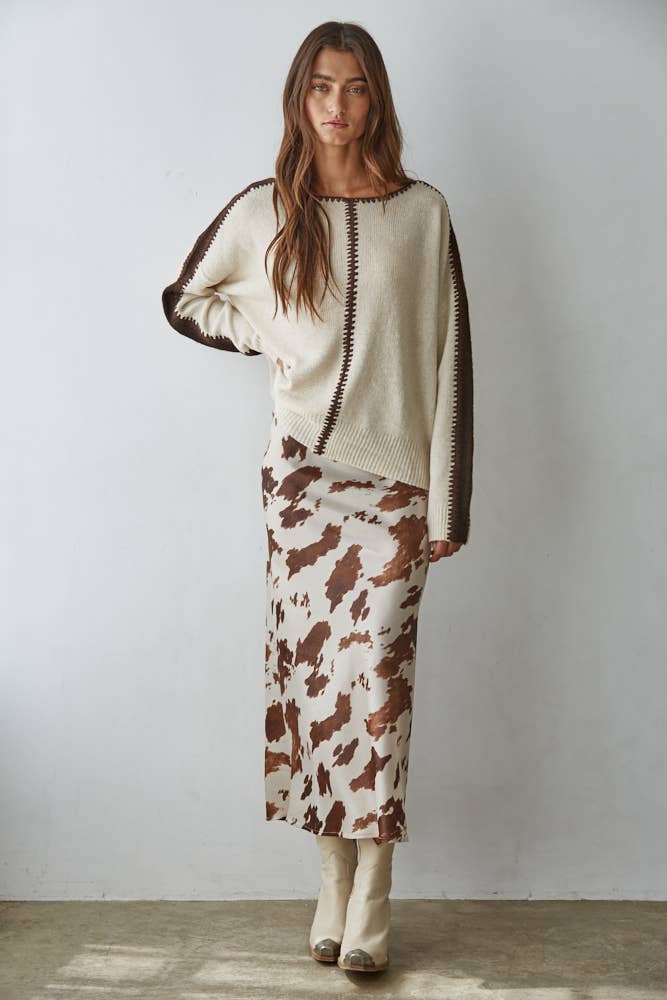 Woven Cow Print Satin Midi Skirt