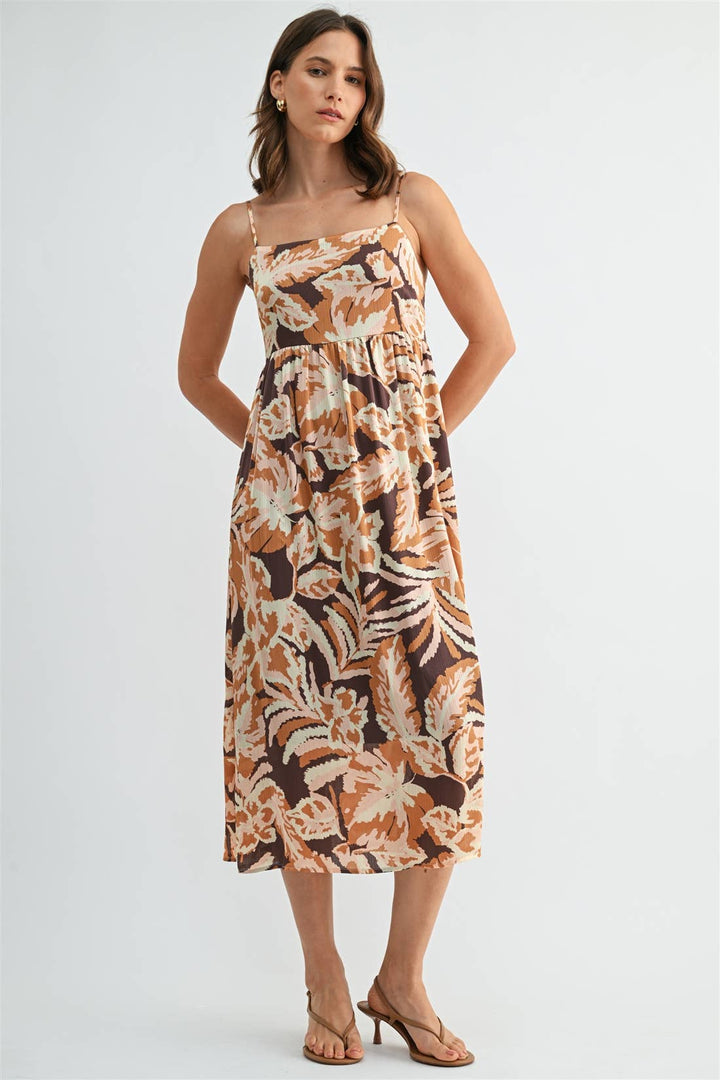 Leaf Print Smocked Back Dress in Brown Multi Color