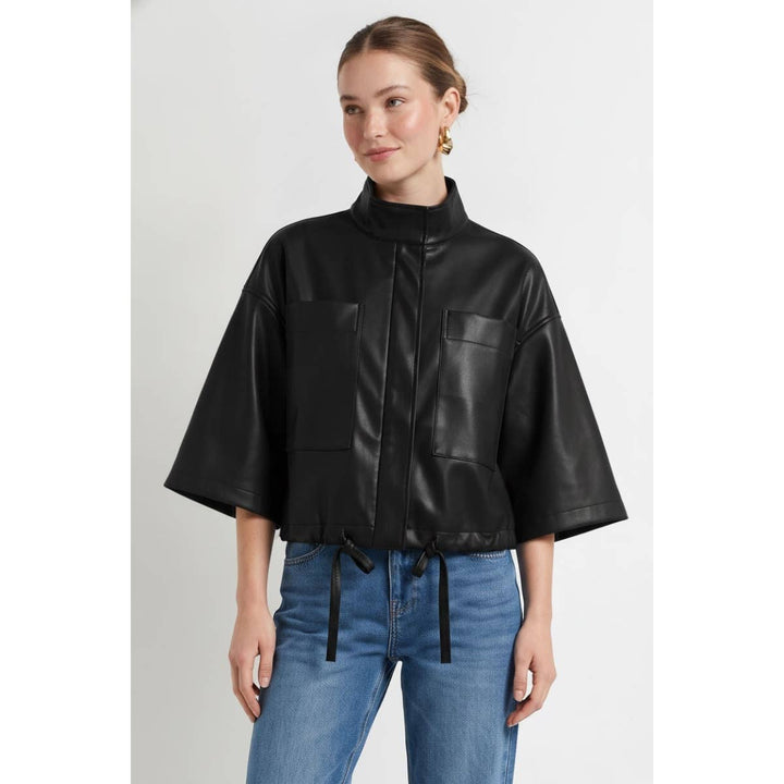 Drawstring Hem Boxy Vegan Leather Jacket
