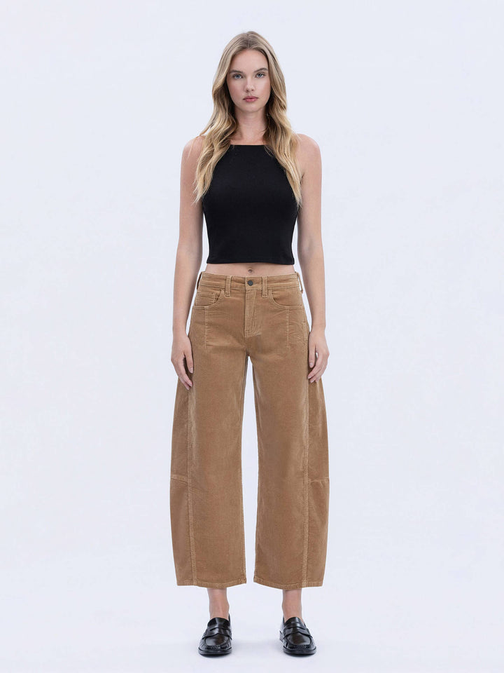 High Rise Corduroy Barrel Jeans in Khaki