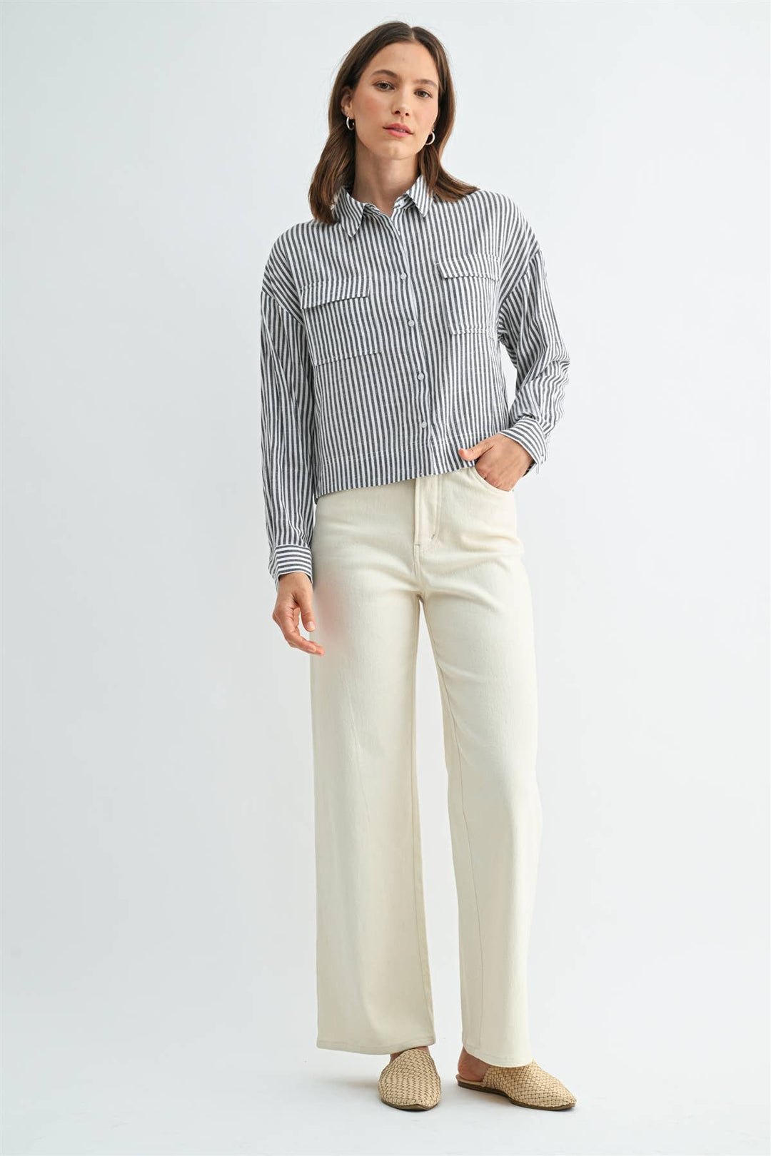 Long Sleeve Front Pocket Shirt in Grey &amp; White Striped