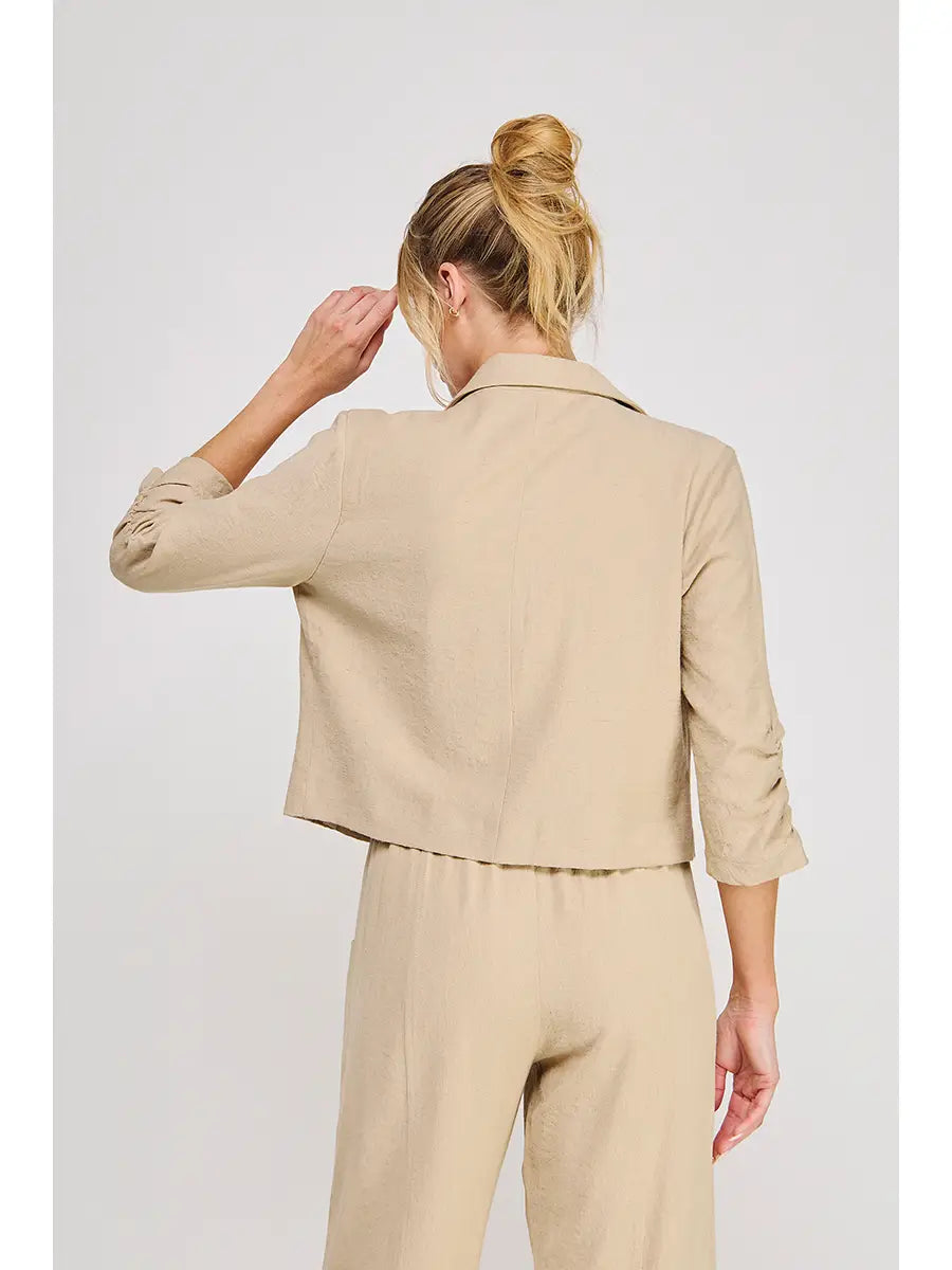 Linen Blend Cropped Cinched Sleeve Open Blazer