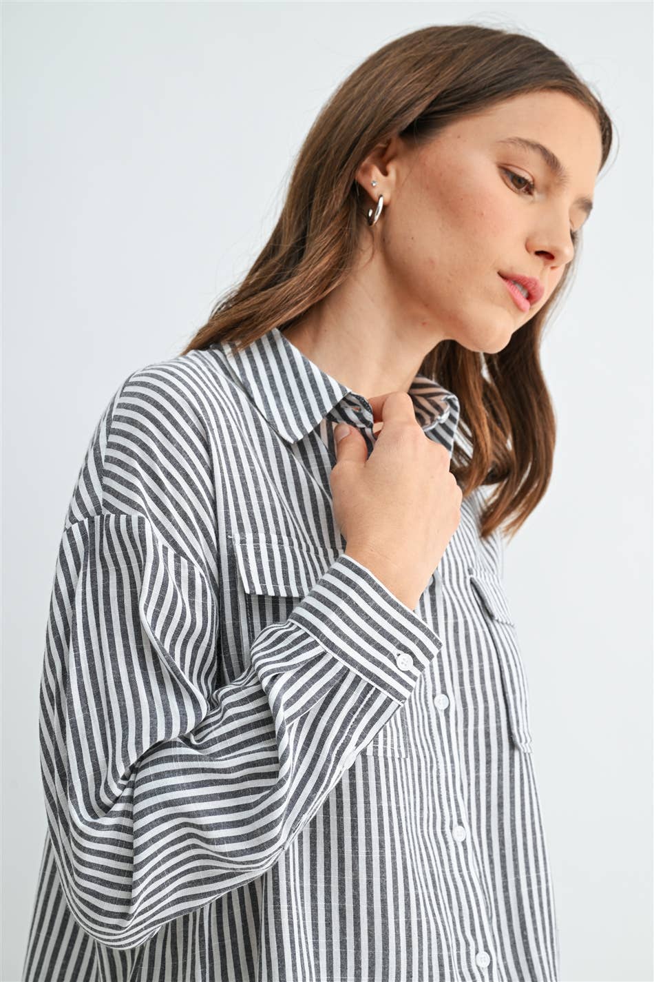 Long Sleeve Front Pocket Shirt in Grey &amp; White Striped