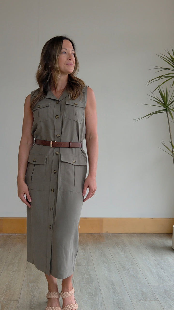 Sleeveless Midi Shirtdress in Olive