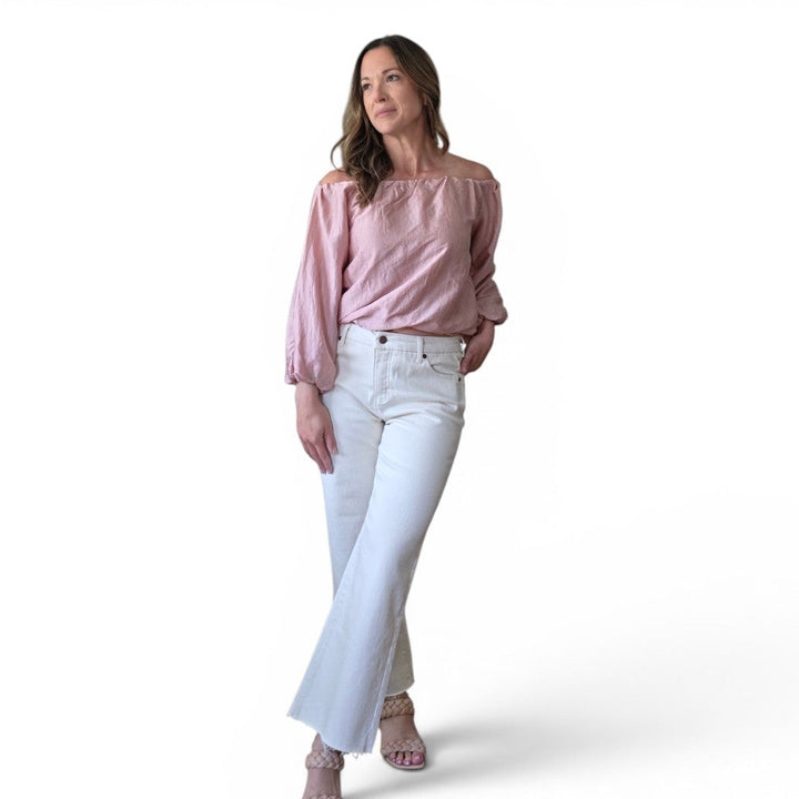 Liana Off Shoulder Crinkle Blouse in Dusty Pink