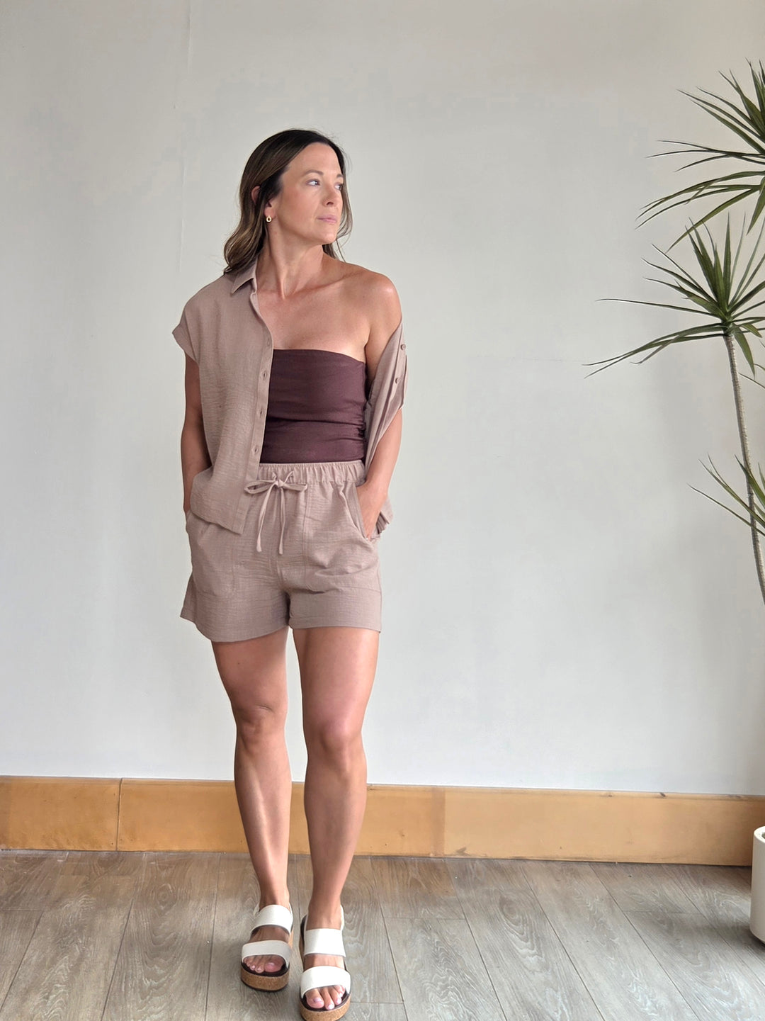 Knit Viscose Spandex Side Shirring Tube Top in Brown