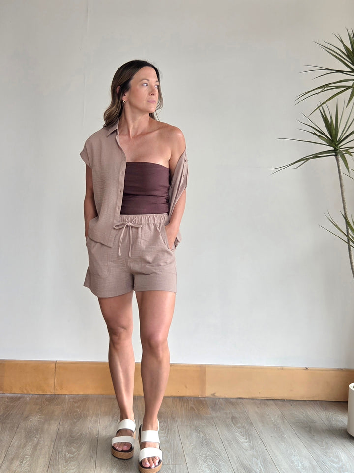 Knit Viscose Spandex Side Shirring Tube Top in Brown