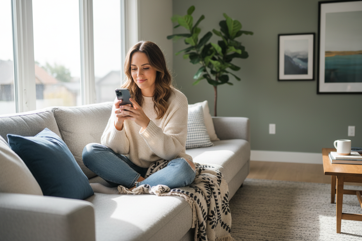 woman looking at her phone while sitting on a couch